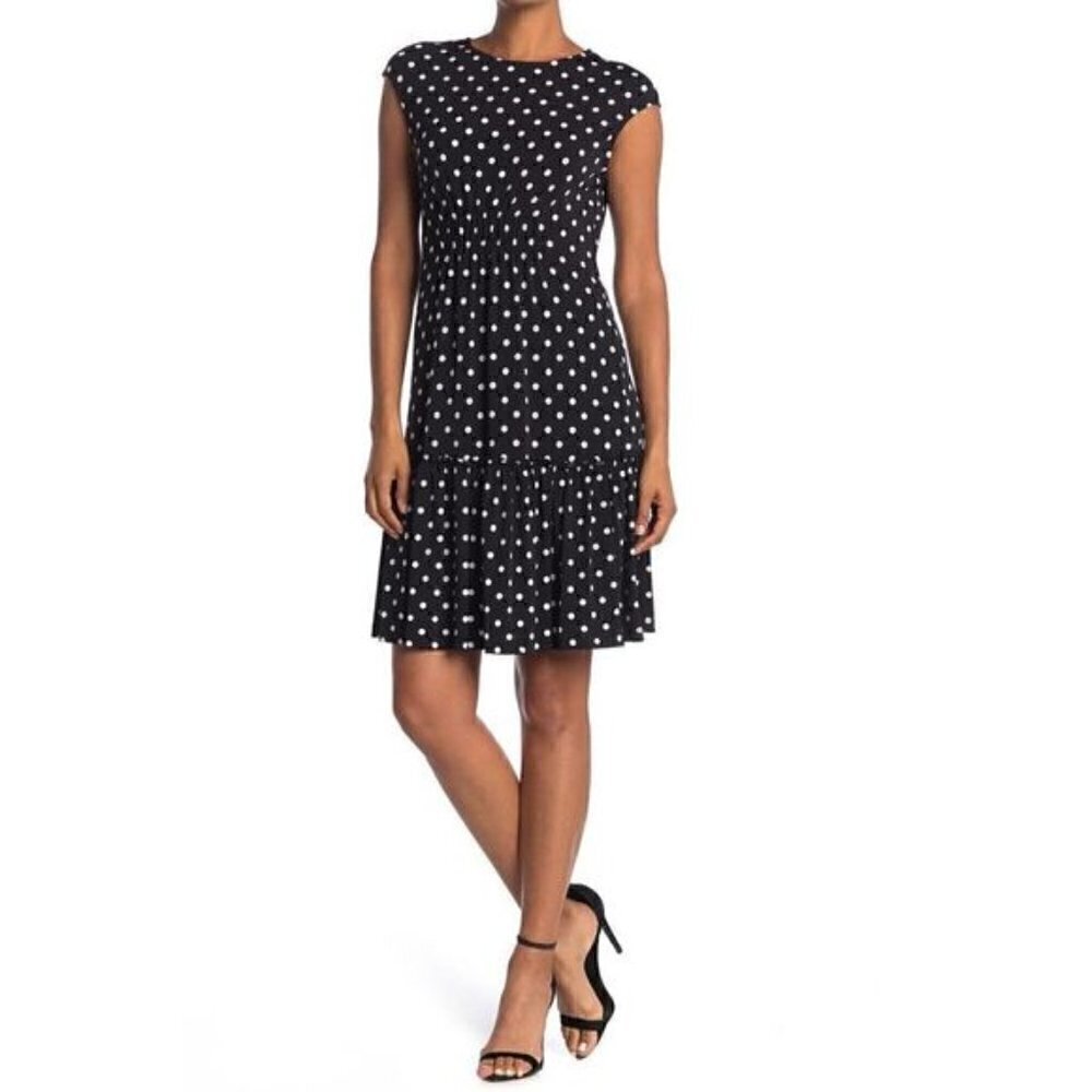 Tash + Sophie Black &‎ White Polka Dot Short Cap Sleeve Flounce Mini Dress 14